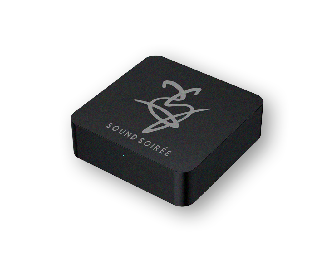 Black commercial streaming player branded with the Sound Soirée logo